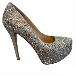 Silver with embellished iridescent Rhinestone gem platform pump High heels 8.5